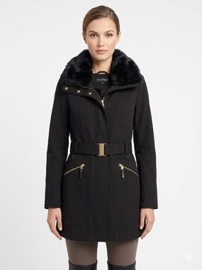 Via Spiga Black Belted Trench coat women’s size small with gold buckle detail